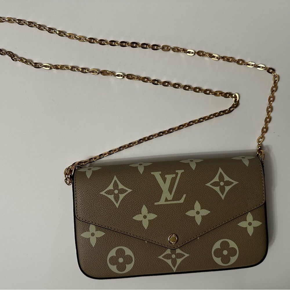 Louis Vuitton Tan Monogram Clutch with Gold Chain